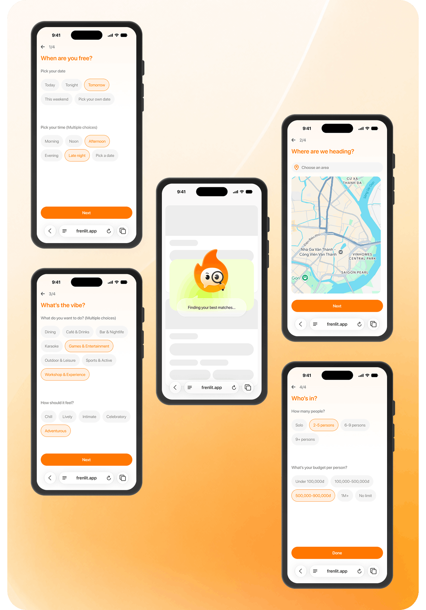 AI planning flow: 4-step questionnaire screens